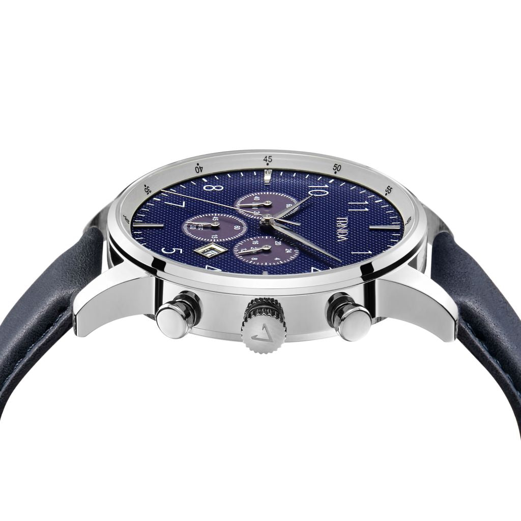 Trnda Men's Stainless Steel Watch, Blue Leather Band | Trn-D43b