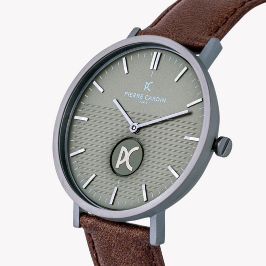 Pierre Cardin Men's Brown Leather Watch, Black Dial | Cbv.1047