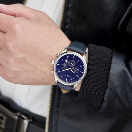 Trnda Men's Stainless Steel Watch, Blue Leather Band | Trn-D43b